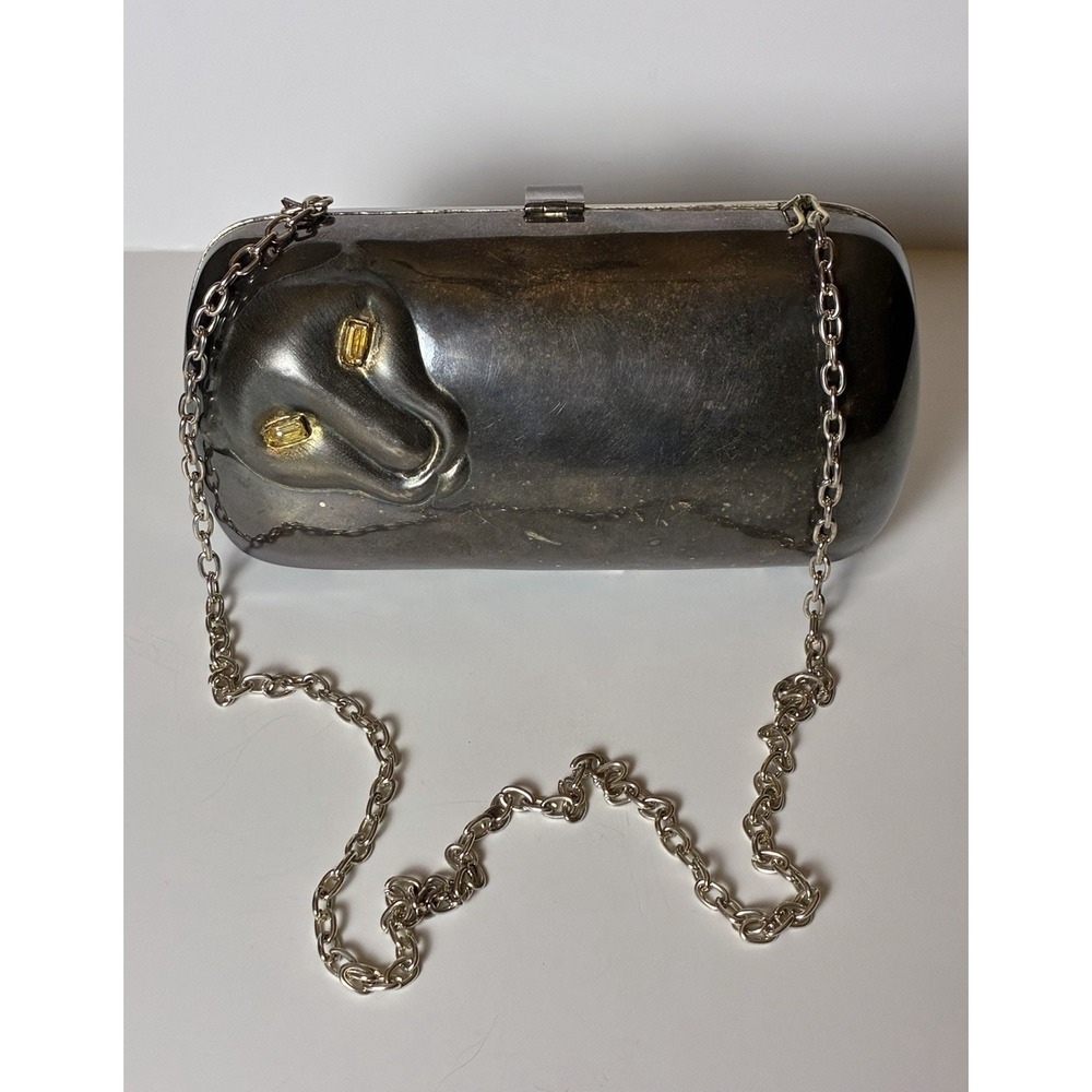 Vintage Mexican Metal Purse w/Art Deco Gem Eyed Panther, Velvet, Chain Strap - Picture 3 of 14